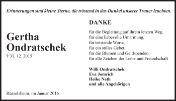Traueranzeige von Gertha Ondratschek von trauer.echo-online.de