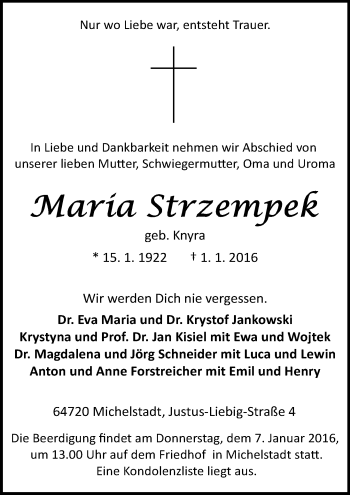 Traueranzeige von Maria Strzempek von trauer.echo-online.de