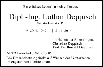 Traueranzeige von Lothar Deppisch von trauer.echo-online.de