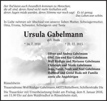 Traueranzeige von Ursula Gabelmann von trauer.echo-online.de