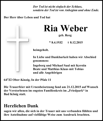 Traueranzeige von Ria Weber von trauer.echo-online.de