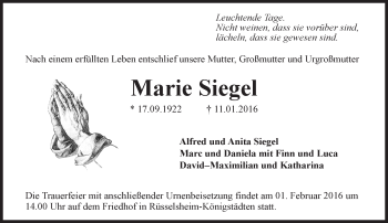 Traueranzeige von Marie Siegel von trauer.echo-online.de