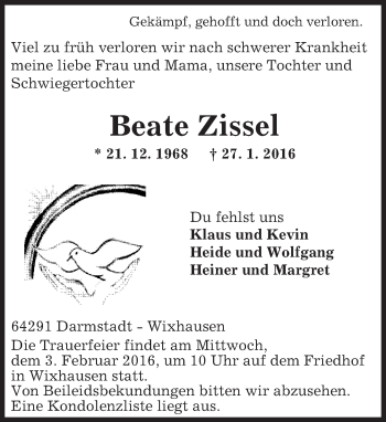 Traueranzeige von Beate Zissel von trauer.echo-online.de