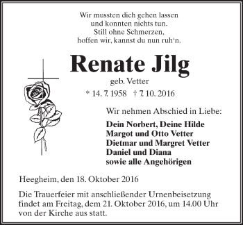 Traueranzeige von Renate Jilg von  Kreisanzeiger