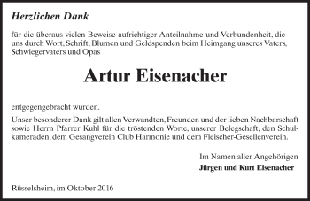 Traueranzeige von Artur Eisenacher von Trauerportal Rhein Main Presse