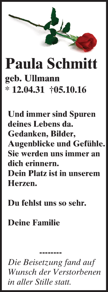 Traueranzeige von Paula Schmitt von Trauerportal Rhein Main Presse