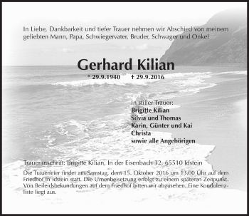 Traueranzeige von Gerhard Kilian von Trauerportal Rhein Main Presse