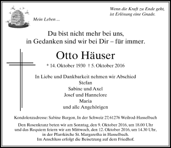 Traueranzeige von Otto Häuser von  Usinger Anzeiger