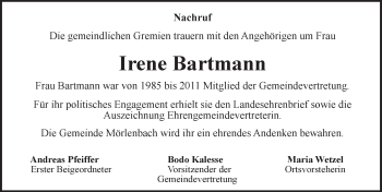 Traueranzeige von Irene Bartmann von Trauerportal Echo Online