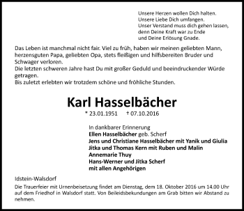 Traueranzeige von Karl Hasselbächer von  Camberger Anzeiger