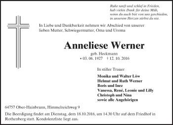 Traueranzeige von Anneliese Werner von Trauerportal Echo Online