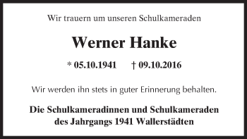 Traueranzeige von Werner Hanke von Trauerportal Rhein Main Presse