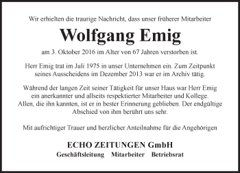 Traueranzeige von Wolfgang Emig von Trauerportal Echo Online