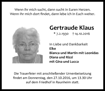 Traueranzeige von Gertraude Klaus von Trauerportal Rhein Main Presse
