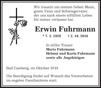 Traueranzeige von Erwin Fuhrmann von  Camberger Anzeiger