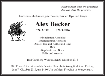 Traueranzeige von Alex Becker von  Camberger Anzeiger