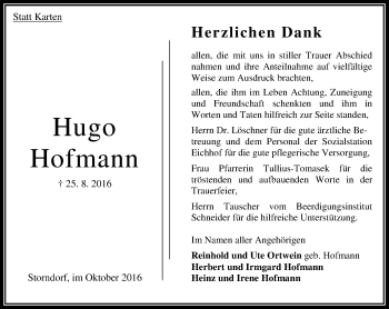 Traueranzeige von Hugo Hofmann von VRM Trauer