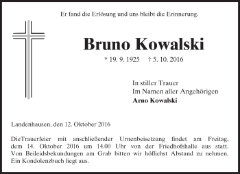 Traueranzeige von Bruno Kowalski von VRM Trauer