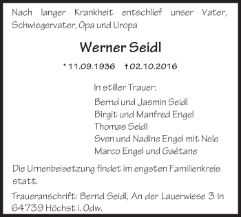 Traueranzeige von Werner Seidl von Trauerportal Rhein Main Presse