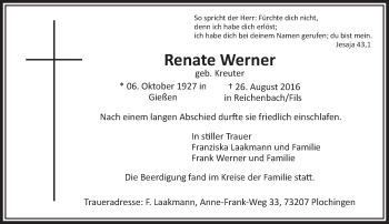 Traueranzeige von Renate Werner von  Gießener Anzeiger