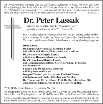 Traueranzeige von Peter Lassak von Trauerportal Rhein Main Presse