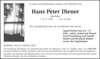 Traueranzeige von Hans Peter Diener von Trauerportal Rhein Main Presse