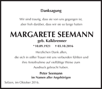 Traueranzeige von Margarete Seemann von Trauerportal Rhein Main Presse