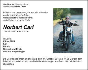 Traueranzeige von Norbert Carl von Trauerportal Echo Online
