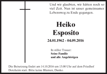Traueranzeige von Heiko Esposito von Trauerportal Rhein Main Presse
