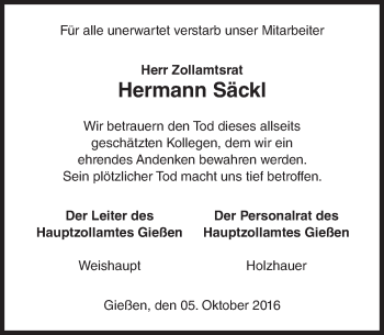 Traueranzeige von Hermann Säckl von VRM Trauer