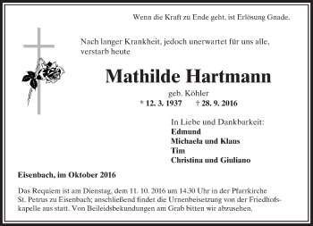 Traueranzeige von Mathilde Hartmann von  Camberger Anzeiger