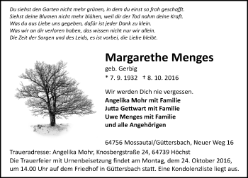 Traueranzeige von Margarethe Menges von Trauerportal Echo Online