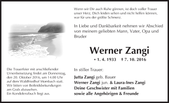 Traueranzeige von Werner Zangi von Trauerportal Rhein Main Presse