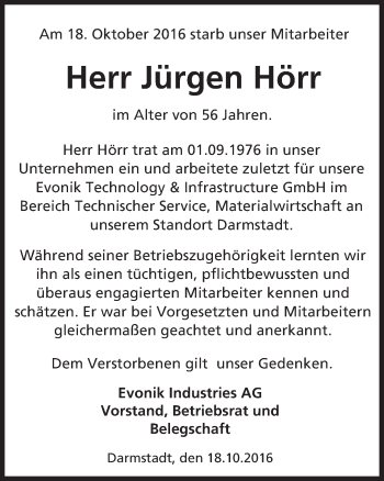 Traueranzeige von Jürgen Hörr von Trauerportal Echo Online