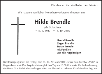 Traueranzeige von Hilde Brendle von Trauerportal Echo Online