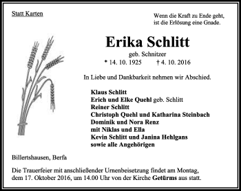 Traueranzeige von Erika Schlitt von VRM Trauer