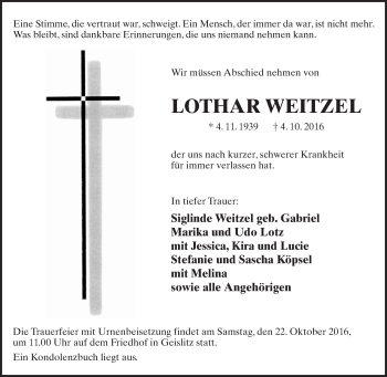 Traueranzeige von Lothar Weitzel von  Gelnhäuser Tageblatt