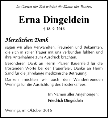 Traueranzeige von Erna Dingeldein von  Kreisanzeiger