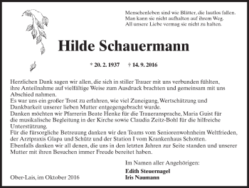 Traueranzeige von Hilde Schauermann von  Kreisanzeiger