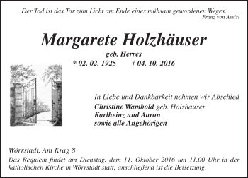 Traueranzeige von Margarete Holzhäuser von Trauerportal Rhein Main Presse