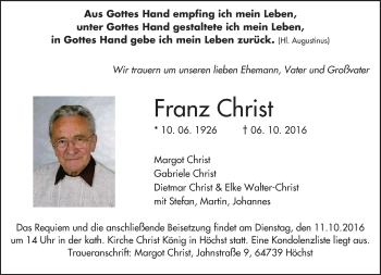 Traueranzeige von Franz Christ von Trauerportal Echo Online