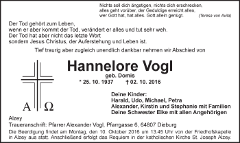 Traueranzeige von Hannelore Vogl von Trauerportal Rhein Main Presse