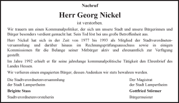 Traueranzeige von Georg Nickel von Trauerportal Echo Online