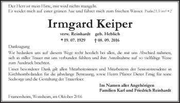 Traueranzeige von Irmgard Keiper von Trauerportal Rhein Main Presse