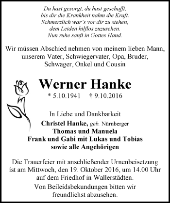 Traueranzeige von Werner Hanke von Trauerportal Echo Online