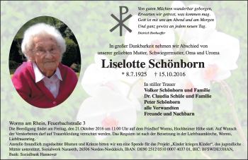 Traueranzeige von Liselotte Schönborn von Trauerportal Rhein Main Presse