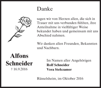 Traueranzeige von Alfons Schneider von Trauerportal Rhein Main Presse