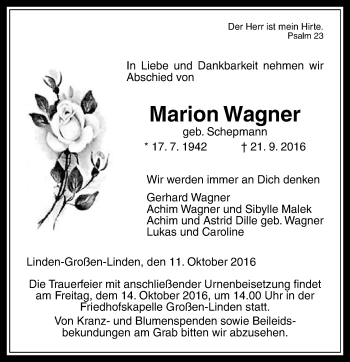 Traueranzeige von Marion Wagner von  Gießener Anzeiger