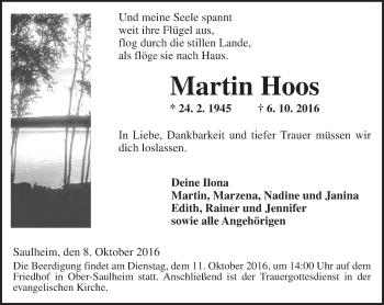 Traueranzeige von Martin Hoos von Trauerportal Rhein Main Presse