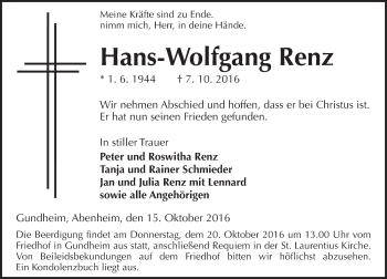 Traueranzeige von Hans-Wolfgang Renz von Trauerportal Rhein Main Presse